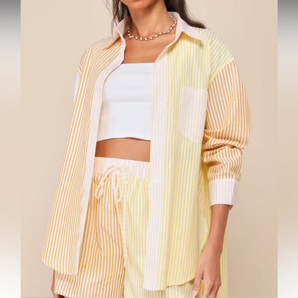 Remarkably Adorable Yellow Multi Striped Patchwork Button-Up Top